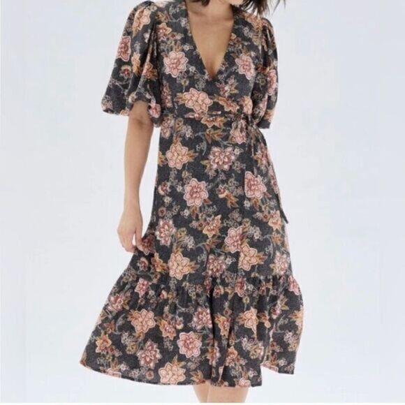 Minkpink Meyhda‎ Floral Puffer Sleeves Wraparound Boho Midi Dress Size Small NWT - Picture 1 of 16